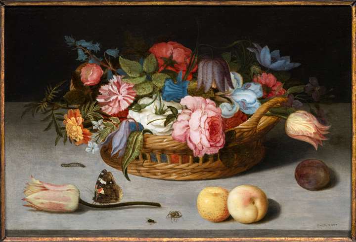 Still Life with roses, tulips, irises and other flowers in a wicker basket, with fruit and insects on a ledge